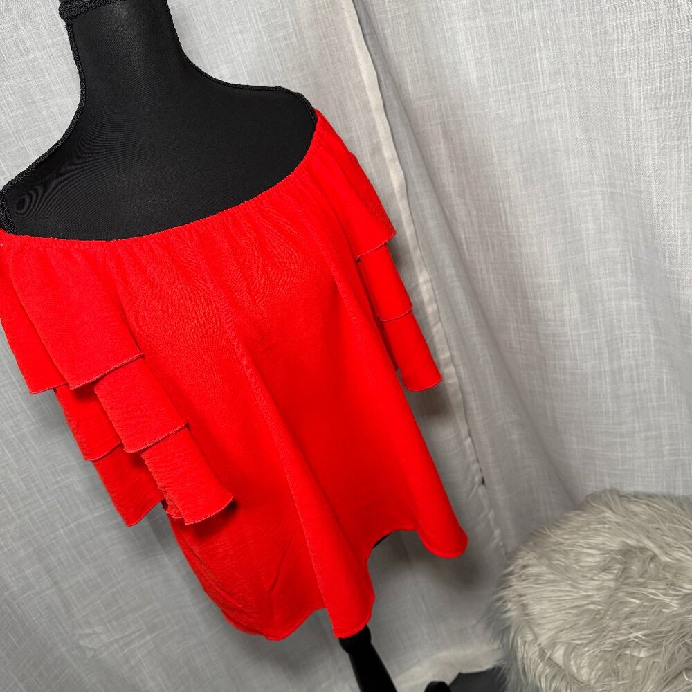 Chenault Vibrant Red Off-Shoulder Ruffle Sleeve Blouse - Boho Chic - Size L